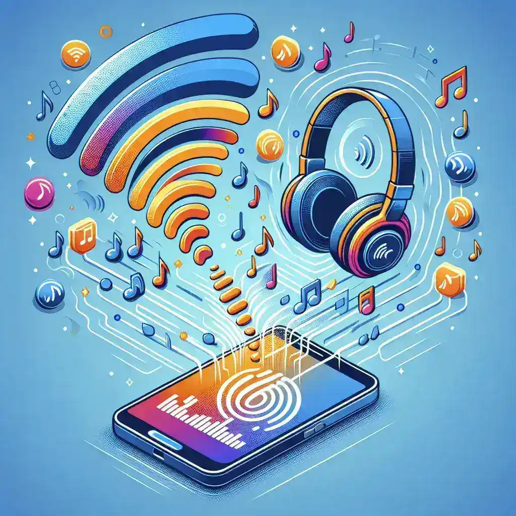 "Ilustrasi menunjukkan proses transfer file audio menggunakan teknologi NFC ke headphone tanpa kabel, dengan perangkat smartphone dan headphone nirkabel terlihat di latar belakang."