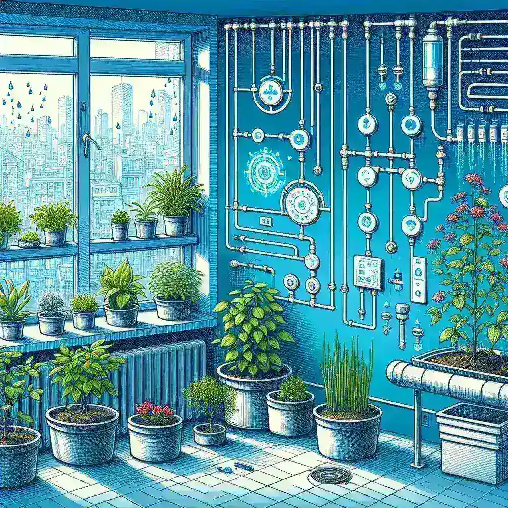 "Diagram sistem otomatisasi penyiraman untuk urban farming di apartemen, menunjukkan teknologi dan komponen yang mendukung pertanian perkotaan efisien."