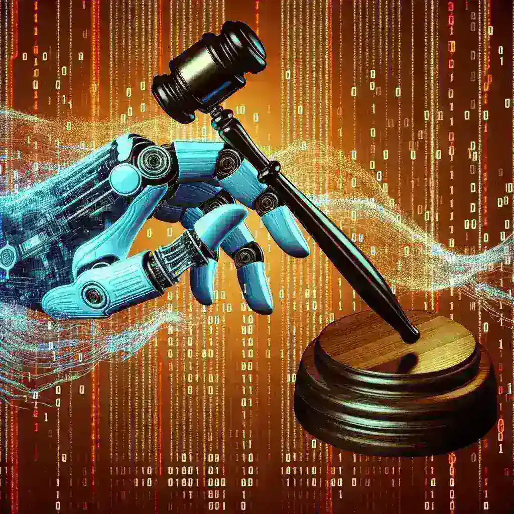 "Ilustrasi yang menggambarkan ketegangan antara ambisi Elon Musk dalam pengembangan kecerdasan buatan dan regulasi hukum AI gelombang pertama, dengan latar belakang visual teknologi AI dan simbol hukum."