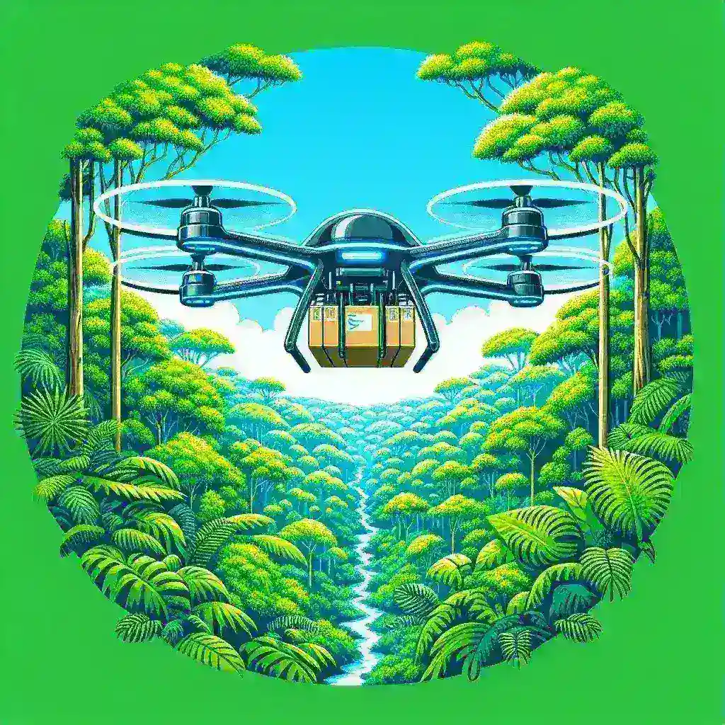 "Drone pengantar Amazon yang inovatif, dirancang untuk menempuh jarak 60 km, terlihat terbang di atas pemandangan kota. Teknologi pengiriman modern yang mengubah cara belanja online."